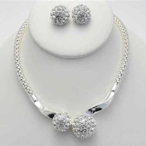 Silver with Clear Dome Rhinestone Necklace Set